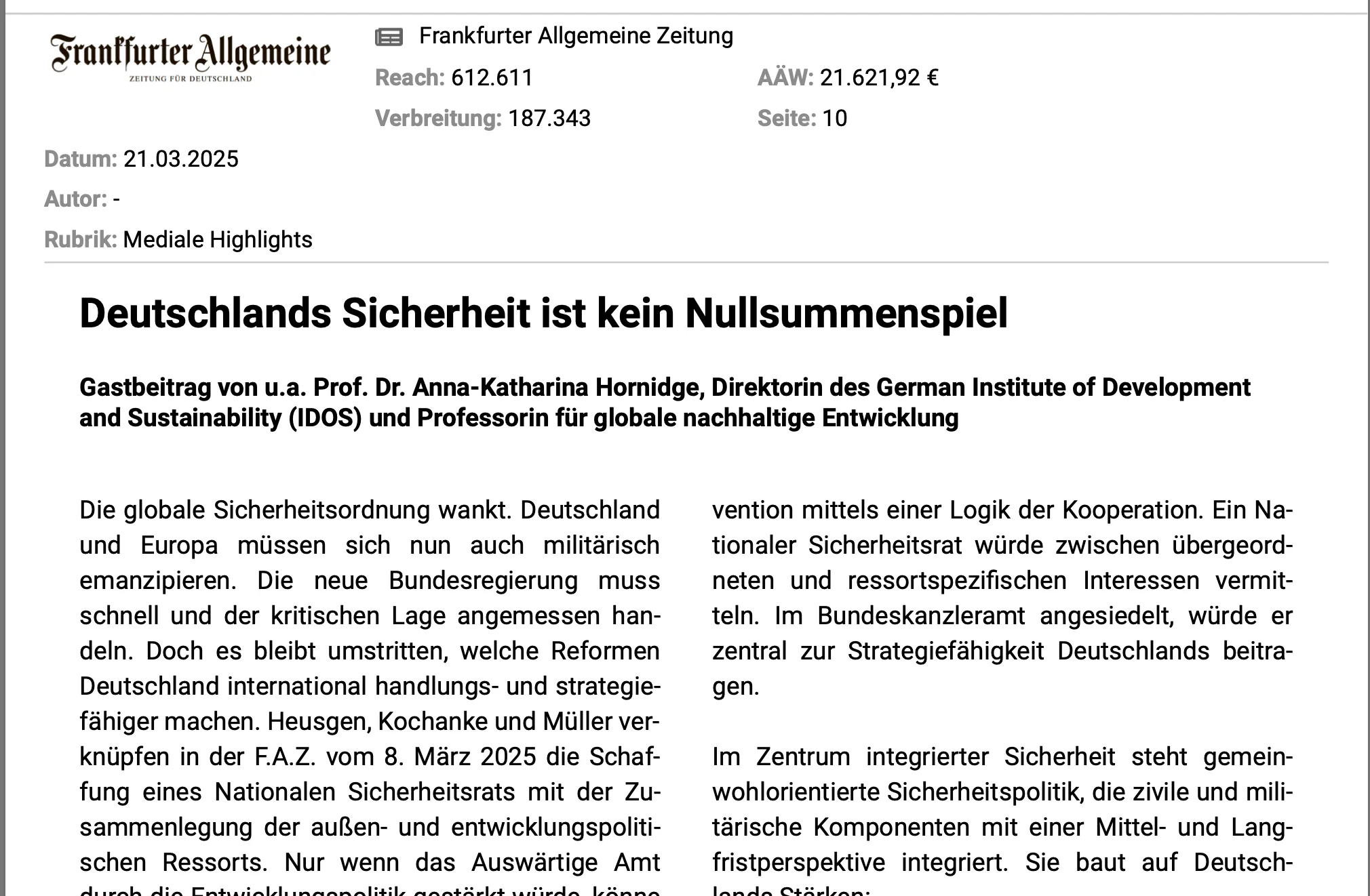 GASTBEITRAG VON PROF. DR. ANNA-KATHARINA HORNIDGE - DEUTSCHLANDS SICHERHEITSPOLITIK DER ZUKUNFT