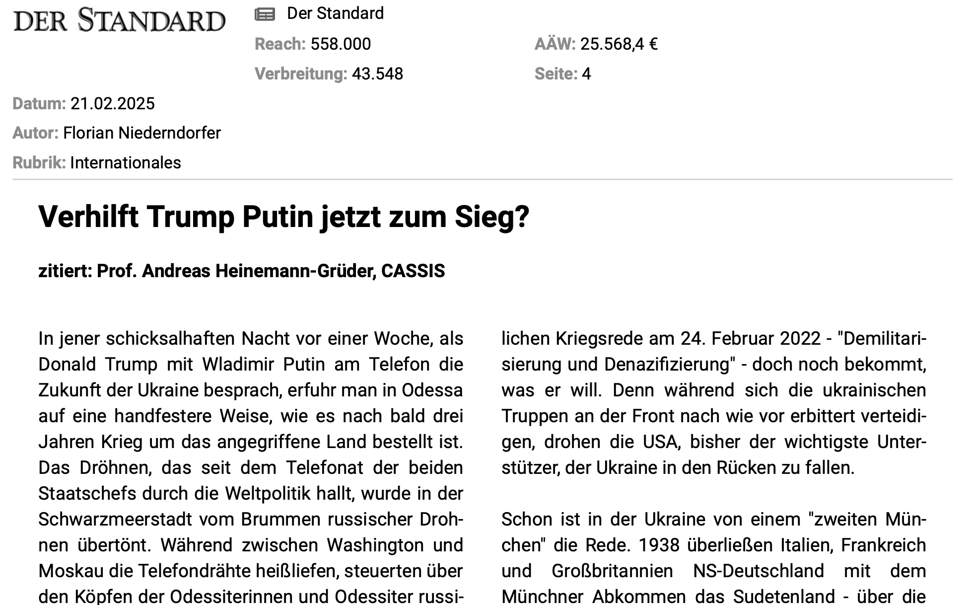 Prof. Dr. Heinemann-Grueder - Verhilft Trump Putin jetzt zum Sieg