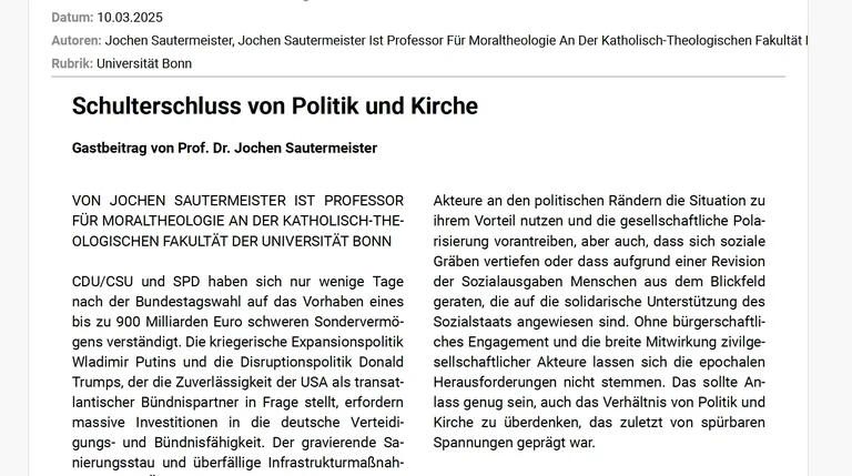 Sautermeister: Schulterschluss von Politik und Kirche