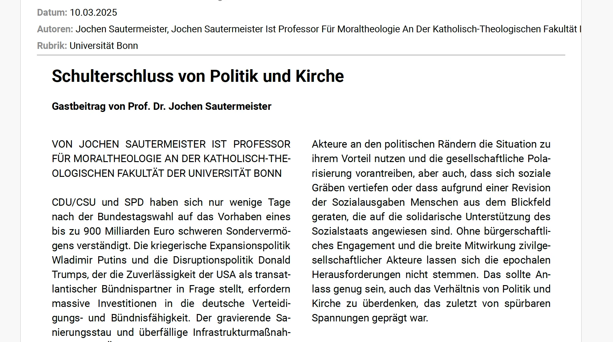 Sautermeister: Schulterschluss von Politik und Kirche