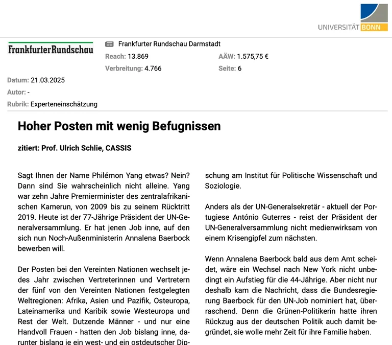 Prof. Dr. Schlie in der Frankfurter Rundschau