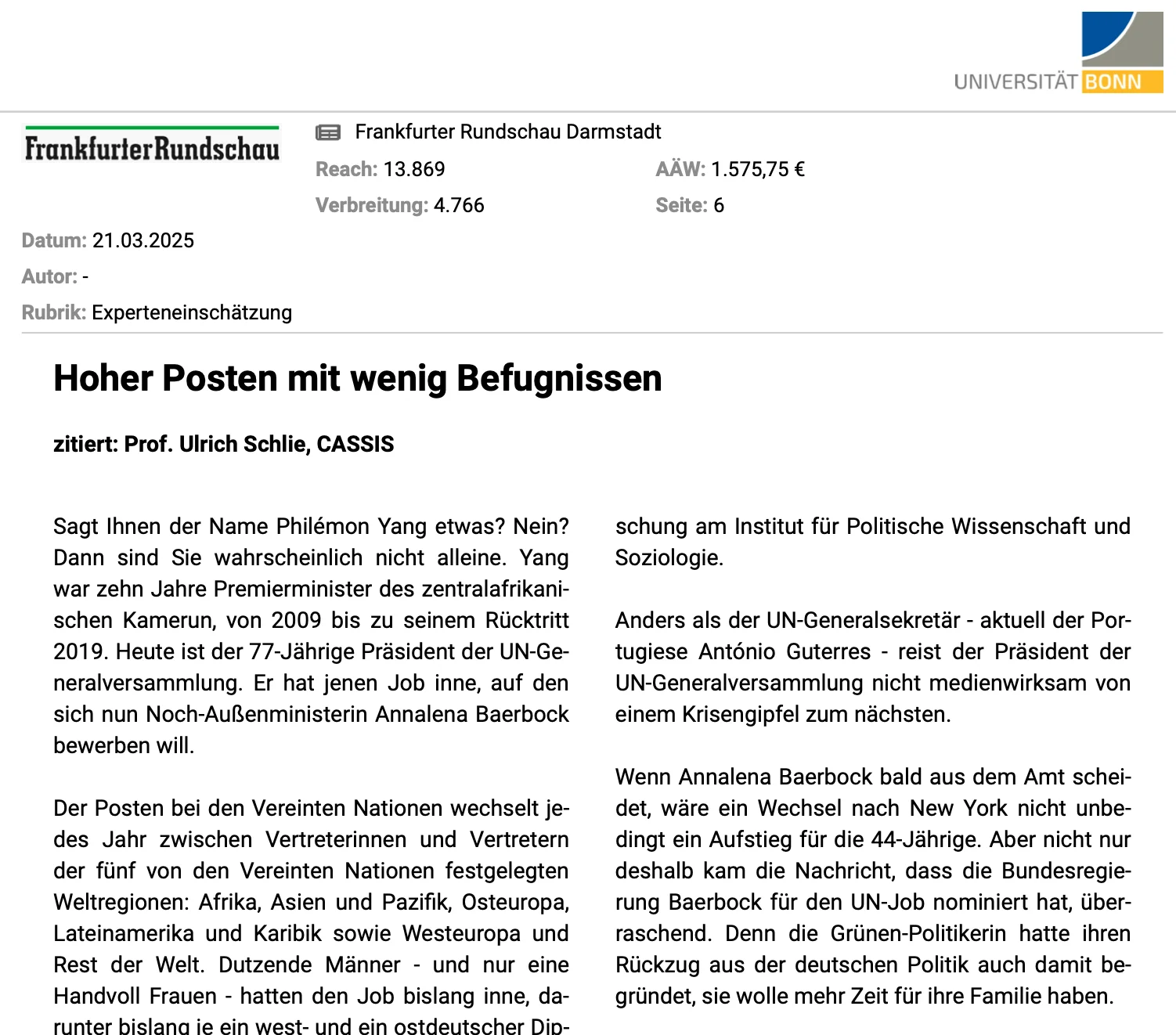 Prof. Dr. Schlie in der Frankfurter Rundschau