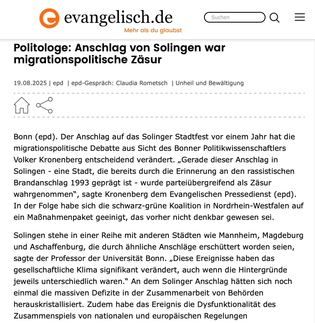 Article von Evangelisch.de: "Political scientist: Solingen attack was a turning point in terms of migration policy".