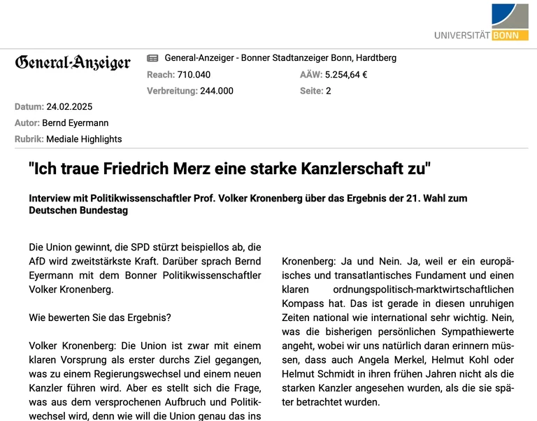 "ICH TRAUE FRIEDRICH MERZ EINE STARKE KANZLERSCHAFT ZU" INTERVIEW MIT PROF. VOLKER KRONENBERG