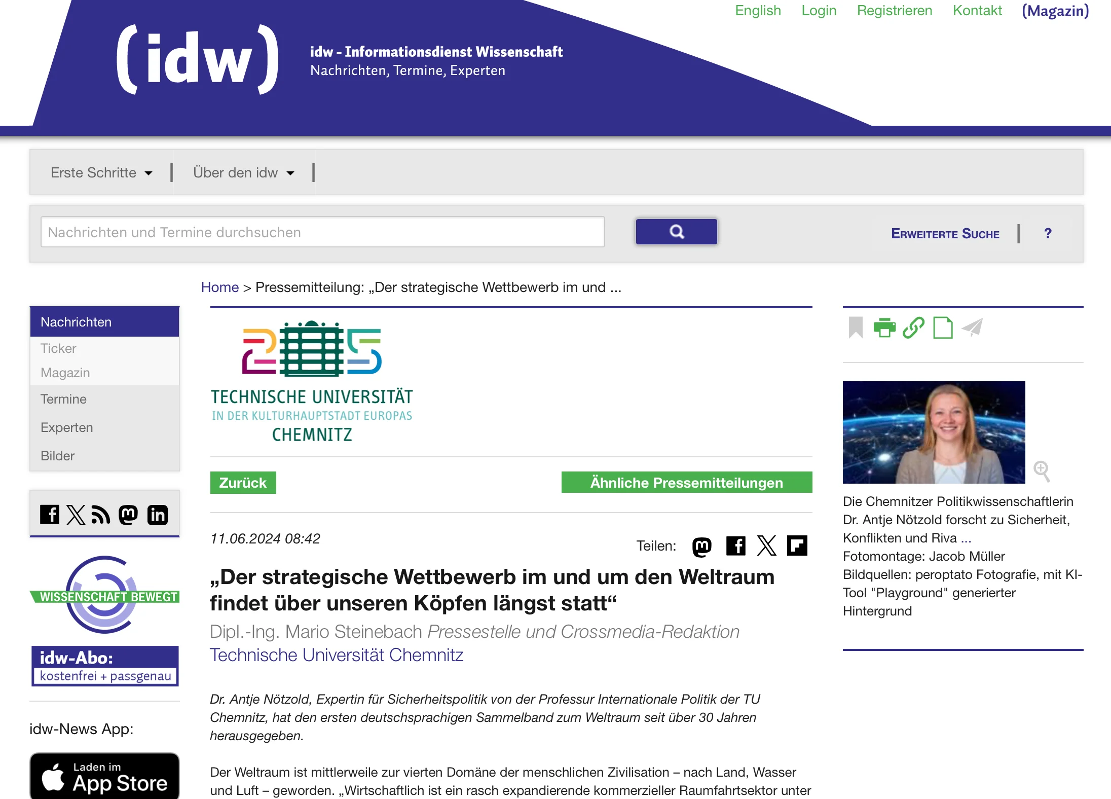 PD Dr. Antje Nötzold in idw on strategic competition in space