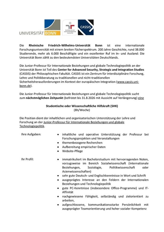 Stellenausschreibung, Junior-Professur für Internationale Beziehungen und globale Technologiepolitik