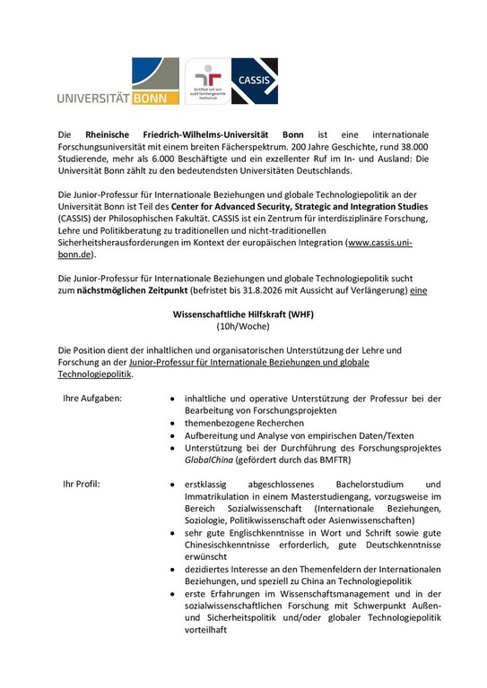 Stellenausschreibung, Junior-Professur für Internationale Beziehungen und globale Technologiepolitik